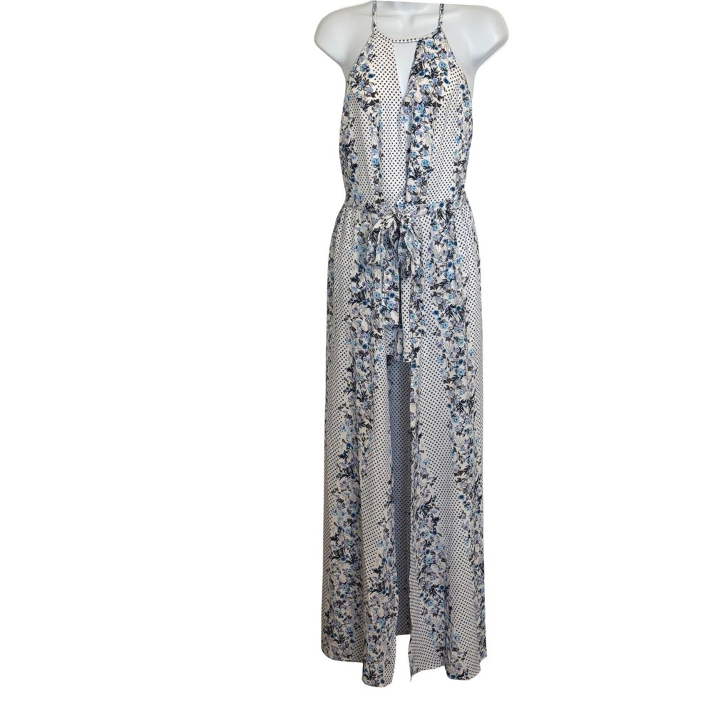 BANJUL Floral‎ Polka Dot Halter Wide Leg Jumpsuit Blue White Tie Waist  NWOT M - Picture 2 of 8